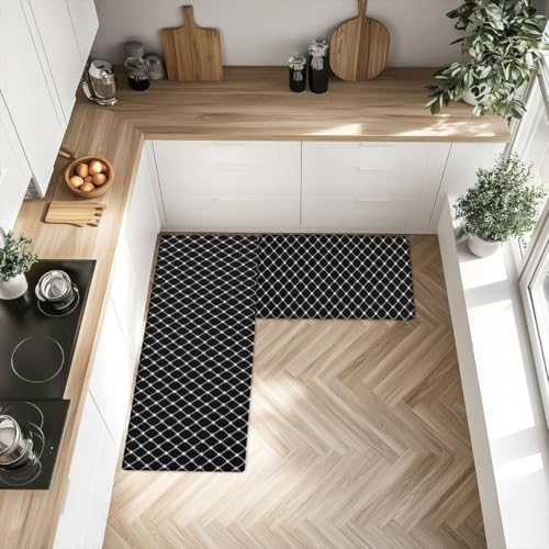 Feelyou Black White Geometric Kitchen Rugs Sets 2PCS Easy Geometric Stripe Line Kitchen Mats for Floor Modern Art Cushioned Anti Fatigue Simple Style Waterproof Non-Slip Rugs Accessories - color: Black White