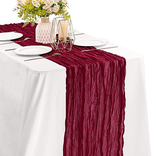 Burgundy 10FT Cheesecloth Table Runner Boho Gauze Fabric Table Runner Rustic Sheer Runner for Wedding Bridal Baby Shower Birthday Party Boho Table Decor（1 Pack Burgundy） - color: Burgundy, size: 35" x 120"-1 Pack