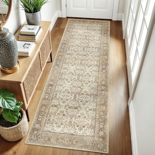 SIILOOM 2.6x8 Washable Runner Rug, Non Slip Area Rug for Hallway Kitchen - color: Beige/Brown, size: 2'7" x 8' (Runner)