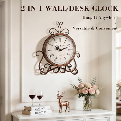 Mantel Clock Table Clock on Stand Retro Desk Shelf Brass Clock Non-Ticking - color: Retro-brass