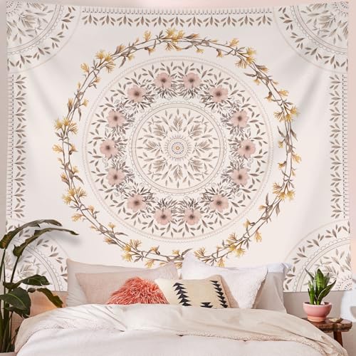 Lifeel White Pink Bohemian Tapestry Wall Hanging, Mandala Floral Medallion Hippie Tapestry with Light Brown Aesthetic Wreath Design, Cream Wall Decor Blanket for Bedroom Home Dorm, Small 50×60 inches - color: White Pink, size: 60"L x 50"W