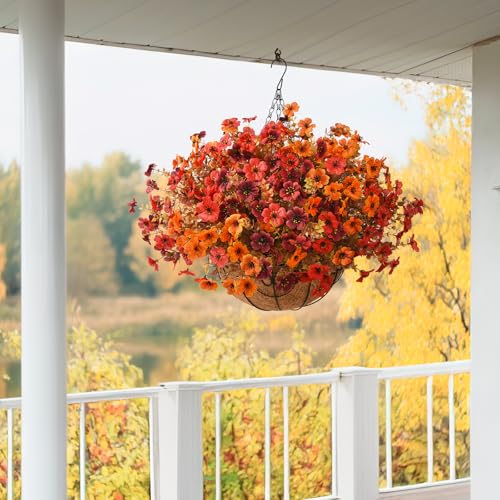 Artificial Fall Hanging Flowers Basket, UV Resistant Mums for Outdoors - color: Orange Brown Red