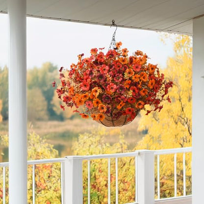 Artificial Fall Hanging Flowers Basket, UV Resistant Mums for Outdoors - color: Orange Brown Red