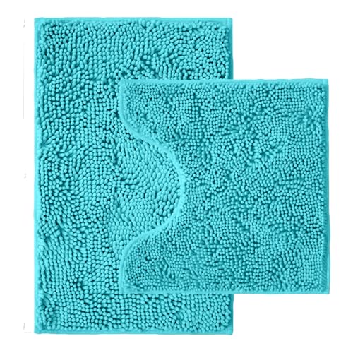 Bathroom Rugs Sets 2 Piece,Super Absorbent Chenille Bath Mats and U-Shaped Toilet Rug,Strong PVC Non Slip Backing,Microfiber Washable Dry Quickly Bath Mats for Bathroom(20"x32"+20"x20"U, Light Blue) - color: Light Blue