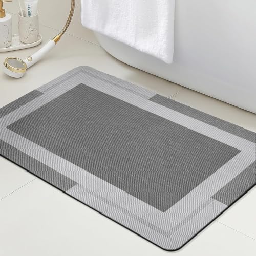 ACCUMTEK Non Slip Bath Mat, Thin Bathroom Rugs Fit Under Door, Quick Dry Bath Mats, Machine Washable Bath Rugs for Bathroom, Bathtub & Kitchen, Grey/Bordered/32 x20 - color: Grey, size: 1'8" x 2'8" (Rectangular)