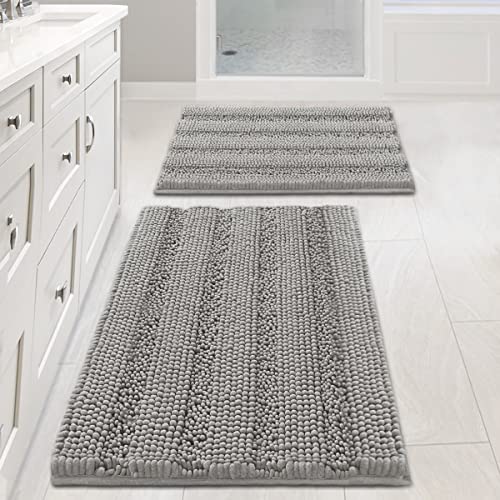Non Slip Thick Shaggy Chenille Bathroom Rug Mat Set Extra Soft and Absorbent Striped Floor Rugs, 2 Piece, Machine-Washable - color: Dove, size: 20" x 32" Plus 17" x 24"