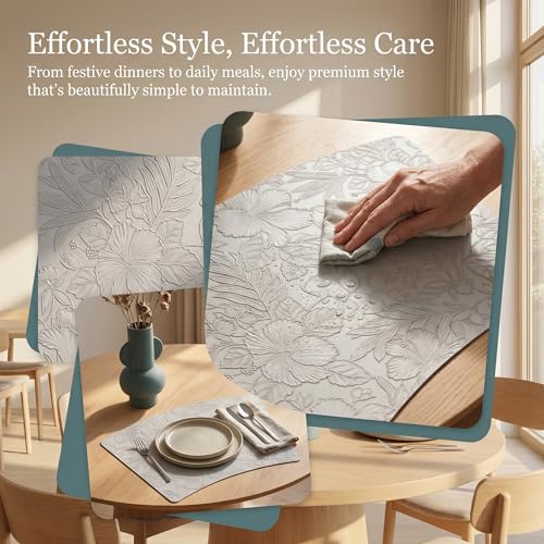Faux Leather Set of 6, Placemats with Carving Floral Design - color: Gray