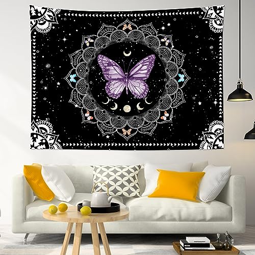 LB Butterfly Mandala Wall Tapestry Purple Butterfly Black and White Mandala Bohemian Tapestry Wall Hanging Star Moon Phase Aesthetic Wall Decor for Bedroom Living Room Decor Home Decor 80Wx60L Inches - color: Purple, size: 60"L x 80"W