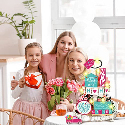 12 Pcs Mother's Day Tiered Tray Decor Happy Mother's Day Sweet Decorations Wooden Table Truck Flower Signs Gift for Mom - style: Best Mom
