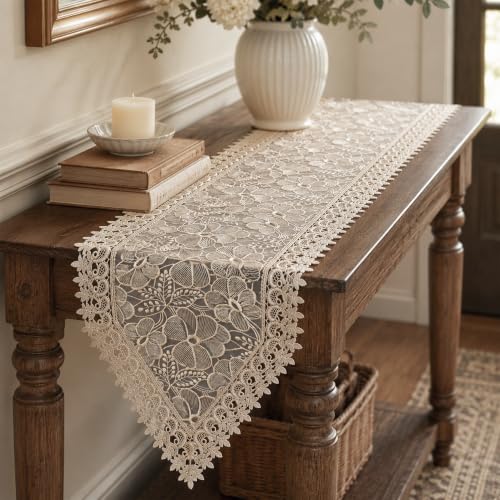 SIOLOC 2 Pack Champagne Lace Runner 14x48, Floral Embroidered - size: 14 x 48''(2PC)