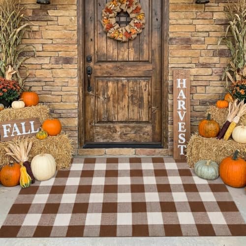 MUBIN Fall Decor Cotton Buffalo Plaid Rug, 3' x 5' Coffee White Outdoor Rug Front Door Decorative Mat, Washable Doormat Hand-Woven Foldable Area Rug Layered Door Mats Rug for Front Porch, Entryway - color: Coffee White Plaid, size: 3' x 5' (Rectangular)