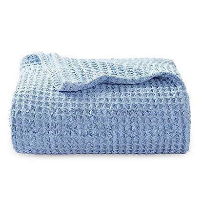 Bedsure 100% Cotton Twin XL Blanket, Waffle Weave, Light Blue, 66"x90" - color: 09 Light Blue, size: Twin XL (66" X 90")