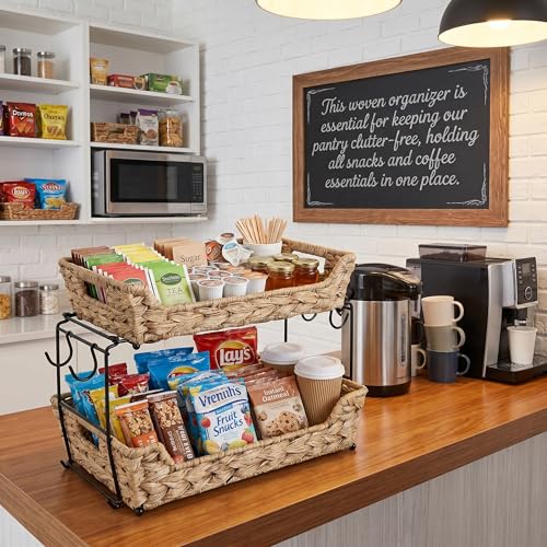 2-Tier Round Faux Rattan Wicker Storage Basket with Metal Frame, Countertop Organizer Shelf for Kitchen, Bathroom, Pantry (Corner)