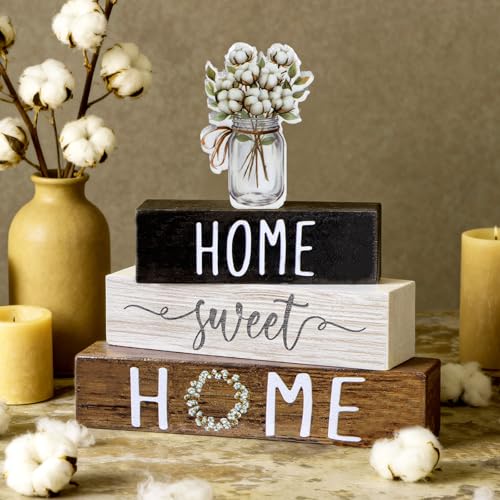 Cinnvoice 4 Pcs Farmhouse Wooden Tabletop Decor Cotton Summer Tiered Tray - style: Cotton
