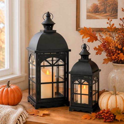 TRIROCKS Set of 2 Decorative Vintage Candle Lanterns 14.5"&20" H Farmhouse Outdoor Hanging Lanterns with Tempered Glass for Porch, Balcony, Patio, Home, Centerpieces, Indoor, Outdoor(Black) - color: 20''&14.5''h Black
