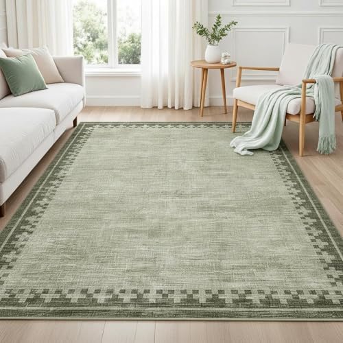 GarveeHome Washable Living Room Rug 5x7 Non Slip Low Pile Green Carpet - color: Green, size: 5' x 7' (Rectangular)