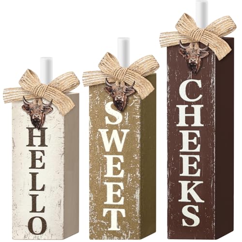 MiniInflat Highland Cow 3 Pcs Table Decor, Wooden Block Sign Tiered Tray - style: Highland Cow