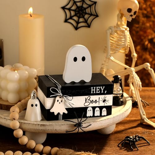GlikCeil 4 Pcs Halloween Ghost Table Decorations Spooky Wooden Signs,White - color: Black and White