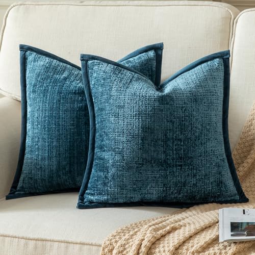 Yaertun Pack of 2 Chenille Textured Decorative Throw Pillow Covers Accent Solid Cushion Cover Soft Cozy Pillow Case with Velvet Back for Couch Sofa Bed Living Room 20x20 Inch Blue - color: Blue, size: 20" x 20" (Pack of 2)
