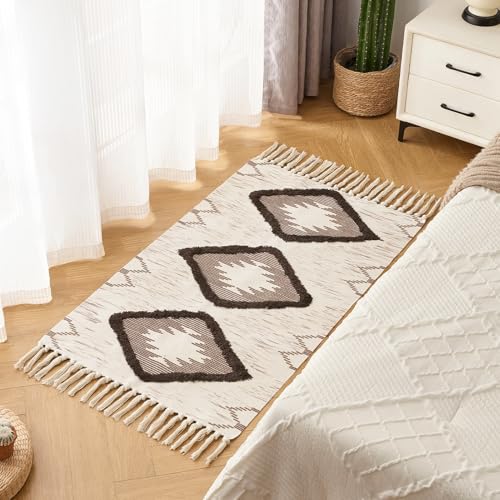 Boho Runner Rug, Washable Hallway Rug Runner Non Slip Rubber Backed, Kitchen Farmhouse Area Rug Floor Mat with Tassels, Tufted Woven Cotton Entryway Carpet (Brown, 2.3'x3.8') - color: Brown, size: 2'4" x 3'10" (Runner)