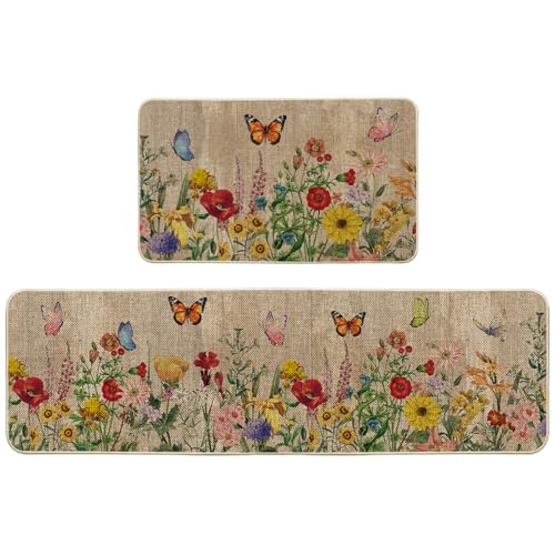 Artoid Mode Wood Flowers Butterfly Spring Kitchen Mats Set of 2, Seasonal Home Decor Leaves Low-Profile Kitchen Rugs for Floor - 17x29 and 17x59 Inch - color: Brown, size: 17" x 29" /17" x 59"