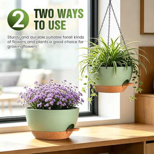 13 Inch Large Self Watering Hanging Planters 2 Pack with Saucers - color: Green Brown, size: 13 Inch 2 Pack