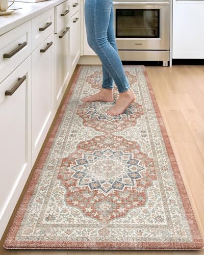 DEXI Kitchen Floor Mats Cushioned Anti Fatigue Runner Rug, 24x87 Orange - color: Orange/White, size: 87"L x 24"W x 0.4"Th