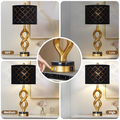 Cinyirong 30" Black and Gold Table Lamp for Living Room, Modern Touch Control Bedside Lamp for Bedroom, 3-Way Dimmable Sculptural Resin Nightstand Lamp with USB A+C Ports and 1 LED Bulb (1 Pack) - color: Black & Gold (1 Pack)