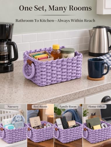 Small Wicker Baskets, 3 PCS Paper Rope Baskets for Shelves, Purple - color: Purple