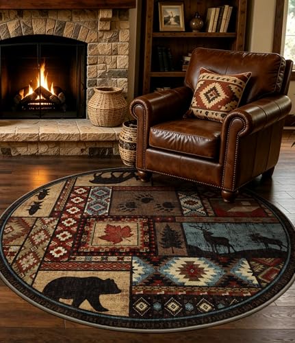 YIHOUSE 세탁 가능한 러스틱 캐빈 라운드 러그, 1.2m(4피트) - color: 브라운., size: 4' (Round)