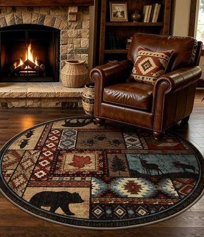 YIHOUSE 세탁 가능한 러스틱 캐빈 라운드 러그, 1.2m(4피트) - color: 브라운., size: 4' (Round)