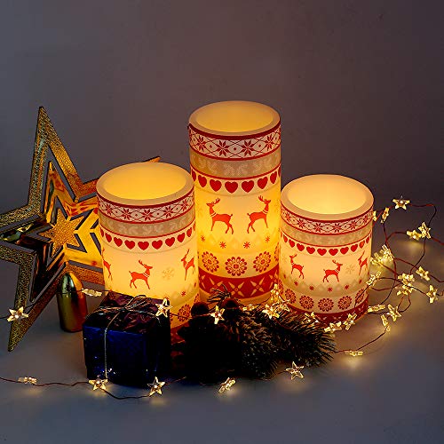 GenSwin Flameless Flickering Led Candles Battery Operated with 6 Hours Timer, Real Wax Pillar Candles Warm Light Love Deer Decal Decor Gift(Pack of 3) - color: Red Deer