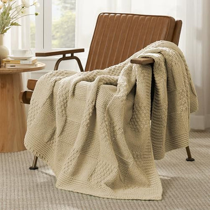 Amélie Home Checkered Chenille Knit Throw Blanket for Couch, Beige, 50"x60" - color: Checkered Beige, size: Checkered Knit 50"x60"