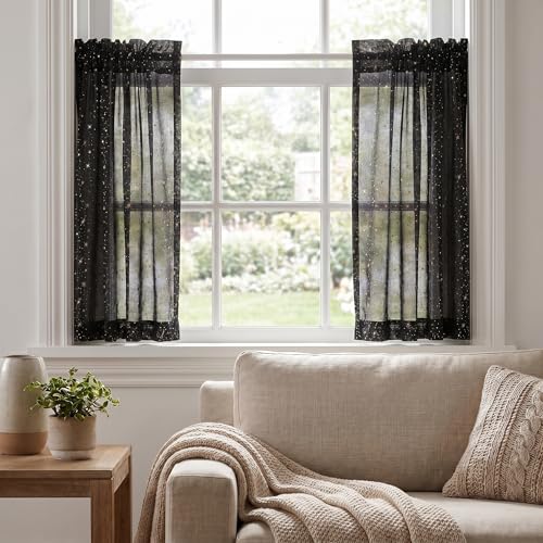 Horaldaily 2Pcs Black Tier Curtains 52x36in, Gold Sequin Star, Halloween - color: Black and Gold, size: 52"W x 36"L (Pack of 2)