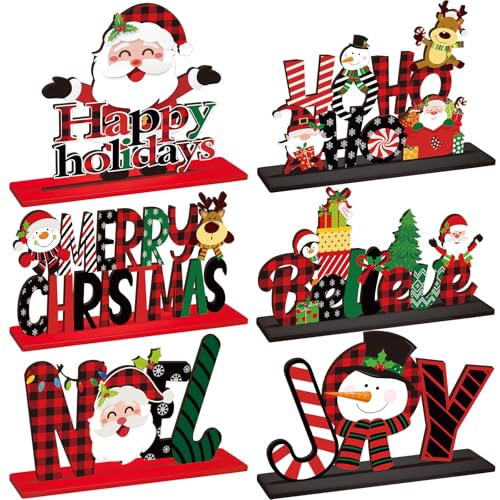Hoolerry 6 Pcs Christmas Table Sign Decorations Wooden Centerpiece