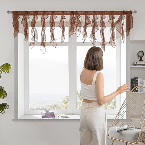 PearAge Ruffled Voile Semi Sheer Curtain Valance, Kitchen Living Room Shabby Chic Ruffle Valance Curtains, Girls Daughters Bedroom Cascade Window Valance 52x26 Inches (Brown-Triangle) - color: Brown
