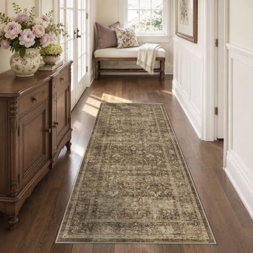 3x7 Washable Kitchen Runner Rug Non-Slip Vintage Brown Throw Carpet - color: Accent | Brown, size: 3' x 7' (Runner)