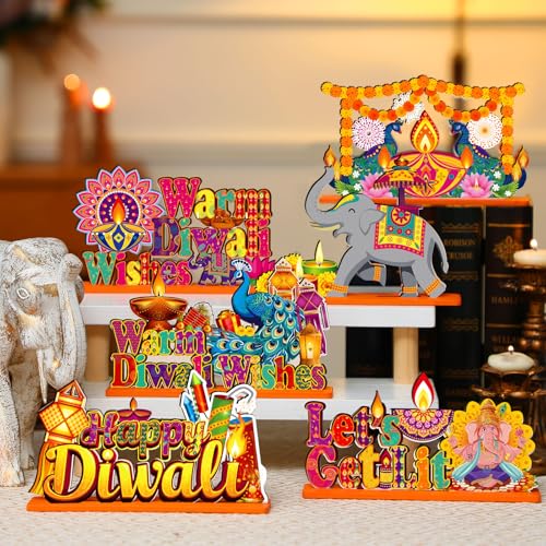 CroBlissful 6 Pcs Diwali Wooden Table Decor, Warm Diwali Washes Wooden Sign - style: Diwali