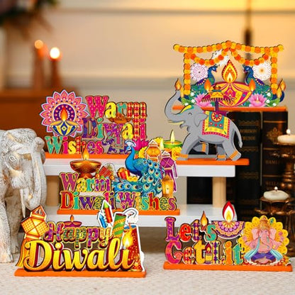 CroBlissful 6 Pcs Diwali Wooden Table Decor, Warm Diwali Washes Wooden Sign - style: Diwali