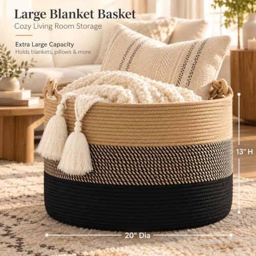 KAKAMAY Large Blanket Basket (20"x13"),Woven Rope Baskets for storage Baby Laundry Hamper, Cotton Rope Blanket Basket for Living Room, Laundry, Nursery, Pillows,Baby Toy chest (Jute/Black) - color: Black