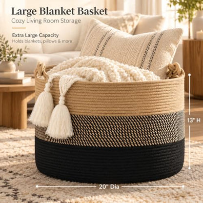 KAKAMAY Large Blanket Basket (20"x13"),Woven Rope Baskets for storage Baby Laundry Hamper, Cotton Rope Blanket Basket for Living Room, Laundry, Nursery, Pillows,Baby Toy chest (Jute/Black) - color: Black
