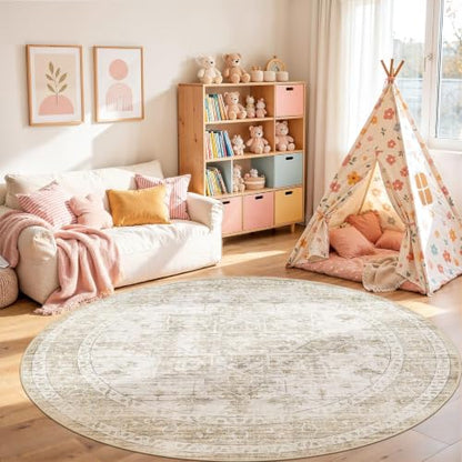 8ft Round Rugs for Living Room: 8x8 Washable Neutral Beige Area Rug - color: Beige, size: 8' (Round)