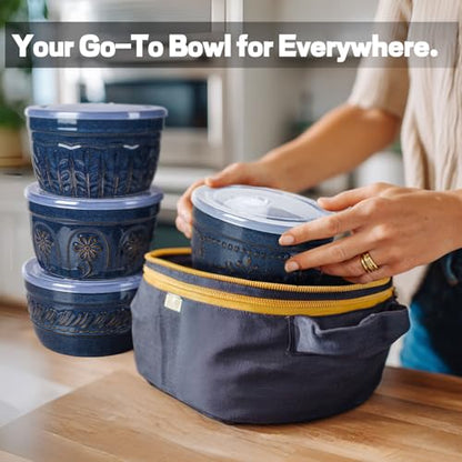 Artena Meal Prep Containers 22 OZ, 4 Pack Snack Containers, Reusable Food Storage Containers With Lids For Soup Yogurt Oatmeal Lunch Breakfast, Ceramic Cereal Bowls (Blue, Pinwheel Flower) - size: 5.15 inch (Pinwheel Flower, Blue)
