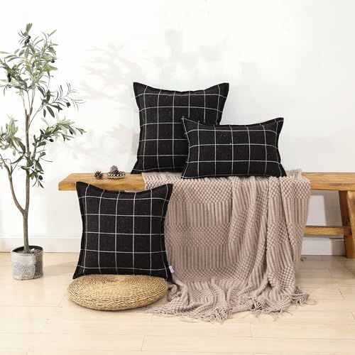 Pure Linen Plaid Throw Pillow Covers 12x20, Set of 2, Black - color: Black, size: 12x20inch