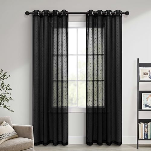 Pitalk Polka Dots Black Sheer Curtains 84 Inches Long Grommet Modern Style - color: Black, size: 52"W x 84"L (Pack of 2)