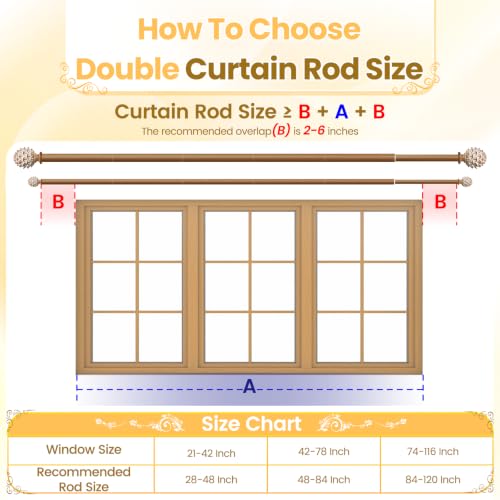 Double Curtain Rod with Wood Pine Cones finials, 28"-120" - color: Wood, size: 28"-120"