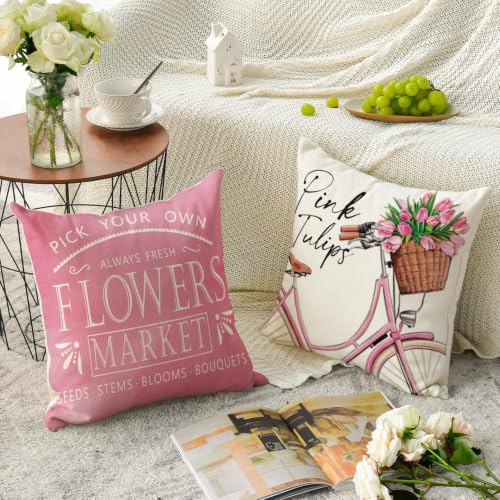AVOIN colorlife Hello Love Pink Tulips Bicycle Throw Pillow Covers, 20 x 20 Inch Flowers Spring Mother's Day Cushion Case for Sofa Couch Set of 4 - size: 20" x 20" (Pack of 4)