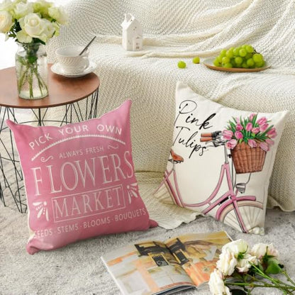 AVOIN colorlife Hello Love Pink Tulips Bicycle Throw Pillow Covers, 20 x 20 Inch Flowers Spring Mother's Day Cushion Case for Sofa Couch Set of 4 - size: 20" x 20" (Pack of 4)