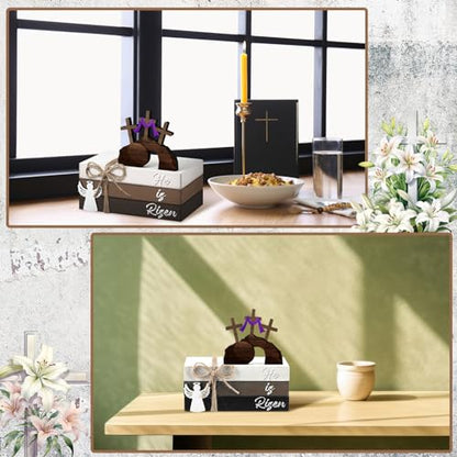 Spiareal 4 Pcs Easter Tiered Tray Decor He is Risen Wooden Sign Easter Religious Cross Christian Spring Table Centerpiece Decorative Stack Faux Book Block for Table Fireplace Mantel Floating Shelf - size: He is Risen