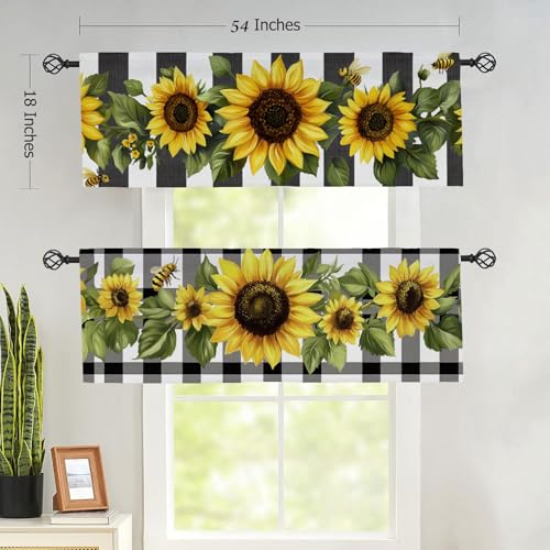 Sunflowers Valance Curtains 2 Pack Buffalo Plaid Spring Summer Valance for Kitchen Windows Bathroom Living Room Bedroom Window Treatment Valances 54x18 inch - color: Sunflowers
